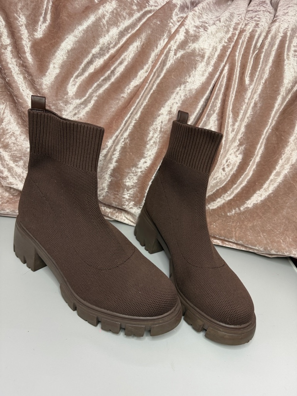 Women’s Brown Knit Sock Booties with Lug Sole
